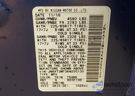 2019 Nissan Rogue Sv из США, поврежденный, VIN JN8AT2MT3KW255130